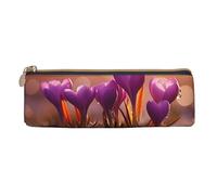 BTCOWZRV Leather Pencil Case for Women Men Purple Crocus Pencil Bag with Zipper Pencil Pouch Small Coin Pouch Portable Makeup Bag for Office Holiday Gift
