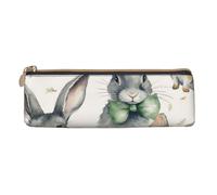 BTCOWZRV Leather Pencil Case for Women Men Rabbit Wearing a Bow Pencil Bag with Zipper Pencil Pouch Small Coin Pouch Portable Makeup Bag for Office Holiday Gift