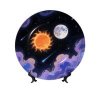 BTCOWZRV Orange Sun and Moon Bone China Decorative Plate,6in（15cm） Ceramic Decorative Plates with Display Stand,Ceramic Ornaments Art Porcelain Plate for Home Office Wall Decor Collections Plates