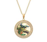 BTCOWZRV Oriental Peacock on Flower Tree Necklace Charm Round Pendant Necklaces Elegant Circle Chain Pendant Fashion Picture Jewelry Necklaces Disc Coin Diamond Necklace for Women Men Wife, One Size