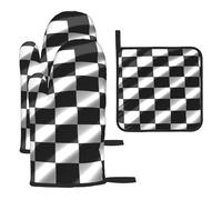 BTCOWZRV Oven Mitts and Pot Holders 3 Pcs Set Race Checkered Flag Heat Resistant Oven Mitt Oven Gloves for BBQ Non-Slip Pot Holders Oven Glove for Baking Cooking Oven