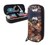 BTCOWZRV Pencil Case Large Capacity Pencil Pouch Aesthetic Pen Bag Office Stationery Organizer Leather Pen Holder Shih Tzu dog and flowers Makeup Bags Pencil Case Box for Men Women Work Office
