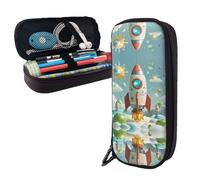 BTCOWZRV Pencil Case Large Capacity Pencil Pouch Aesthetic Pen Bag Office Stationery Organizer Leather Pen Holder Cartoon Rockets Makeup Bags Pencil Case Box for Men Women Work Office