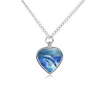 BTCOWZRV Personalized Pet Urn Cremation Necklace for Ashes - Blue Ocean Dolphin Pet Ashes Necklace - Custom Keepsake Necklace with Photo And Text, Memorial Heart Urn Pendant for Dogs Cat