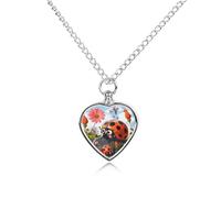 BTCOWZRV Personalized Pet Urn Cremation Necklace for Ashes - Cartoon Ladybug Flower Pet Ashes Necklace - Custom Keepsake Necklace with Photo And Text, Memorial Heart Urn Pendant for Dogs Cat
