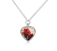 BTCOWZRV Personalized Pet Urn Cremation Necklace for Ashes - Red Rose Flowers Pet Ashes Necklace - Custom Keepsake Necklace with Photo And Text, Memorial Heart Urn Pendant for Dogs Cat