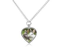 BTCOWZRV Personalized Pet Urn Cremation Necklace for Ashes - Two Little Cute Rabbits Pet Ashes Necklace - Custom Keepsake Necklace with Photo And Text, Memorial Heart Urn Pendant for Dogs Cat