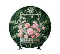 BTCOWZRV Pink Floral Bone China Decorative Plate,8in（20cm） Ceramic Decorative Plates with Display Stand,Ceramic Ornaments Art Porcelain Plate for Home Office Wall Decor Collections Plates