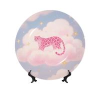 BTCOWZRV Pink Leopard Bone China Decorative Plate,10in（25cm） Ceramic Decorative Plates with Display Stand,Ceramic Ornaments Art Porcelain Plate for Home Office Wall Decor Collections Plates