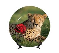BTCOWZRV Red Rose Cheetah Bone China Decorative Plate,8in（20cm） Ceramic Decorative Plates with Display Stand,Ceramic Ornaments Art Porcelain Plate for Home Office Wall Decor Collections Plates