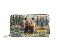 BTCOWZRV Rustic Lodge Bear Leather Wallet for Women Long Coin Purse Ultra Slim Credit Cards Holder Bifold Clutch