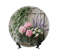 BTCOWZRV Sage Green Floral Bone China Decorative Plate,8in（20cm） Ceramic Decorative Plates with Display Stand,Ceramic Ornaments Art Porcelain Plate for Home Office Wall Decor Collections Plates