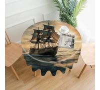 BTCOWZRV Ship Sailing Alone Round Tablecloths Decorative Fabric Table Cover Cloth Washable Circle Tablecloths Country-Style Folding Table Cloths for Dinning Cafe Party 60"