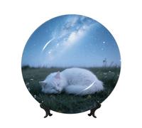 BTCOWZRV Sleep Cat Starry Night Bone China Decorative Plate,10in（25cm） Ceramic Decorative Plates with Display Stand,Ceramic Ornaments Art Porcelain Plate for Home Office Wall Decor Collections Plates