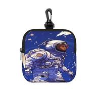 BTCOWZRV Small Neoprene Pouch, Mini Portable Makeup Bag With Carabiner Keychain Waterproof Travel Coin Purse Storage Bag Black Astronaut On Blue Clutch Cosmetic Organizer For Women
