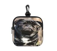 BTCOWZRV Small Neoprene Pouch, Mini Portable Makeup Bag With Carabiner Keychain Waterproof Travel Coin Purse Storage Bag Cute Black Pug Dog Clutch Cosmetic Organizer For Women