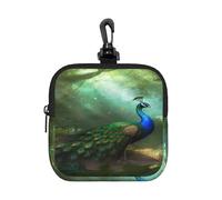BTCOWZRV Small Neoprene Pouch, Mini Portable Makeup Bag With Carabiner Keychain Waterproof Travel Coin Purse Storage Bag Peacock In Forest Clutch Cosmetic Organizer For Women