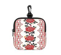 BTCOWZRV Small Neoprene Pouch, Mini Portable Makeup Bag With Carabiner Keychain Waterproof Travel Coin Purse Storage Bag Ukrainian Embroidery Style Rose Clutch Cosmetic Organizer For Women