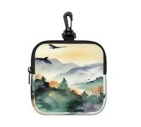 BTCOWZRV Small Neoprene Pouch, Mini Portable Makeup Bag With Carabiner Keychain Waterproof Travel Coin Purse Storage Bag Mountain Birds Watercolor Clutch Cosmetic Organizer For Women