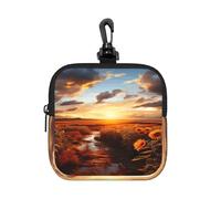 BTCOWZRV Small Neoprene Pouch, Mini Portable Makeup Bag With Carabiner Keychain Waterproof Travel Coin Purse Storage Bag Sunset Over Sunflower Field Clutch Cosmetic Organizer For Women