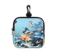 BTCOWZRV Small Neoprene Pouch, Mini Portable Makeup Bag With Carabiner Keychain Waterproof Travel Coin Purse Storage Bag Blue Butterfly Floral Clutch Cosmetic Organizer For Women