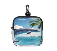 BTCOWZRV Small Neoprene Pouch, Mini Portable Makeup Bag With Carabiner Keychain Waterproof Travel Coin Purse Storage Bag Dolphins And Palm Trees Clutch Cosmetic Organizer For Women