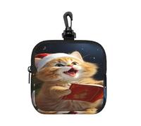BTCOWZRV Small Neoprene Pouch, Mini Portable Makeup Bag With Carabiner Keychain Waterproof Travel Coin Purse Storage Bag Cute Cat Sing Christmas Carols Clutch Cosmetic Organizer For Women