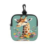 BTCOWZRV Small Neoprene Pouch, Mini Portable Makeup Bag With Carabiner Keychain Waterproof Travel Coin Purse Storage Bag Giraffe With Flowers Clutch Cosmetic Organizer For Women