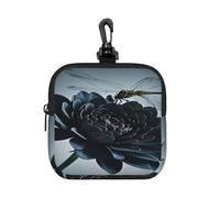 BTCOWZRV Small Neoprene Pouch, Mini Portable Makeup Bag With Carabiner Keychain Waterproof Travel Coin Purse Storage Bag Black Flowers And Dragonfly Clutch Cosmetic Organizer For Women
