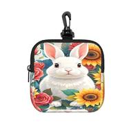 BTCOWZRV Small Neoprene Pouch, Mini Portable Makeup Bag With Carabiner Keychain Waterproof Travel Coin Purse Storage Bag Watercolor Rabbit And Flowers Clutch Cosmetic Organizer For Women