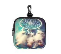BTCOWZRV Small Neoprene Pouch, Mini Portable Makeup Bag With Carabiner Keychain Waterproof Travel Coin Purse Storage Bag White Dream Catcher Feather Clutch Cosmetic Organizer For Women