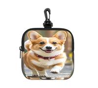 BTCOWZRV Small Neoprene Pouch, Mini Portable Makeup Bag With Carabiner Keychain Waterproof Travel Coin Purse Storage Bag Running Corgi Clutch Cosmetic Organizer For Women