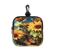 BTCOWZRV Small Neoprene Pouch, Mini Portable Makeup Bag With Carabiner Keychain Waterproof Travel Coin Purse Storage Bag Sunflowers And Butterflies Clutch Cosmetic Organizer For Women