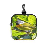 BTCOWZRV Small Neoprene Pouch, Mini Portable Makeup Bag With Carabiner Keychain Waterproof Travel Coin Purse Storage Bag Green Leaves And Birds Clutch Cosmetic Organizer For Women