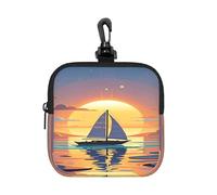 BTCOWZRV Small Neoprene Pouch, Mini Portable Makeup Bag With Carabiner Keychain Waterproof Travel Coin Purse Storage Bag Sunset And Sailboat Clutch Cosmetic Organizer For Women