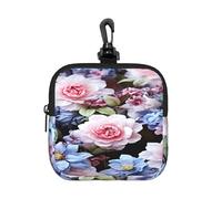 BTCOWZRV Small Neoprene Pouch, Mini Portable Makeup Bag With Carabiner Keychain Waterproof Travel Coin Purse Storage Bag Blue And Pink Flowers Clutch Cosmetic Organizer For Women