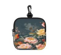 BTCOWZRV Small Neoprene Pouch, Mini Portable Makeup Bag With Carabiner Keychain Waterproof Travel Coin Purse Storage Bag Flowers Birds Clutch Cosmetic Organizer For Women