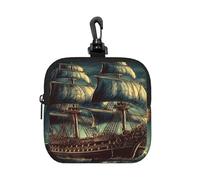 BTCOWZRV Small Neoprene Pouch, Mini Portable Makeup Bag With Carabiner Keychain Waterproof Travel Coin Purse Storage Bag Nautical Vintage Sailing Pirate Ship Clutch Cosmetic Organizer For Women
