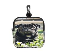 BTCOWZRV Small Neoprene Pouch, Mini Portable Makeup Bag With Carabiner Keychain Waterproof Travel Coin Purse Storage Bag Cute Black Pug Dogs Clutch Cosmetic Organizer For Women