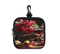 BTCOWZRV Small Neoprene Pouch, Mini Portable Makeup Bag With Carabiner Keychain Waterproof Travel Coin Purse Storage Bag Red Roses And Red Wine Clutch Cosmetic Organizer For Women