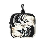 BTCOWZRV Small Neoprene Pouch, Mini Portable Makeup Bag With Carabiner Keychain Waterproof Travel Coin Purse Storage Bag Black And White Hawaiian Flowers Clutch Cosmetic Organizer For Women