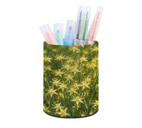 BTCOWZRV Small Yellow Flower Pen Holder Elegant Minimalist PU Leather Desktop Organizer, Round Stylish Stationery Storage Container for Office Desk Vanity Table Home Decor Gift