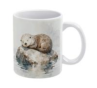BTCOWZRV Stone on The Otter's Rest Coffee Mug, Tea Cups with Decorative Patterns, Thick White Porcelain Cups for Cappuccino, Latte, Tea & Hot Chocolate - Ceramic Cup with Comfort Grip Handles