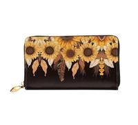 BTCOWZRV Sunflowers with feather Leather Wallet for Women Long Coin Purse Ultra Slim Credit Cards Holder Bifold Clutch