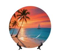 BTCOWZRV Sunset Coconut Tree Bone China Decorative Plate,6in（15cm） Ceramic Decorative Plates with Display Stand,Ceramic Ornaments Art Porcelain Plate for Home Office Wall Decor Collections Plates