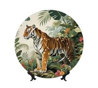 BTCOWZRV Tiger Botanical Print Bone China Decorative Plate,8in（20cm） Ceramic Decorative Plates with Display Stand,Ceramic Ornaments Art Porcelain Plate for Home Office Wall Decor Collections Plates