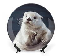 BTCOWZRV White Otter Ceramic Decorative Plate Bone China Decorative Plates with Display Stand Dinner Plates Art Crafts Ceramic Ornaments for Wall Hanging Decoration