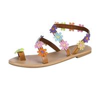 BTDECLAR Casual Retro Flat Sandals for Women Elegant Summer Daisy Floral Thin Strap Toe Ring Slip On Outdoor Beach Walking Sandalias para mujer, multicoloured, 8.5 UK