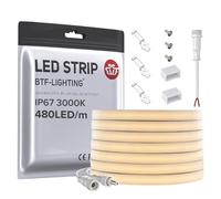 BTF-LIGHTING FCOB COB LED Strip Flexible High Density Uniform Diffused Neon Light IP67 Waterproof 5M DC24V Warm White 3000K 480LED/m CRI 90+ LED Ribbon for Indoor Decor(No Adapter or Controller)