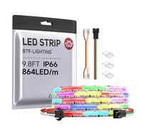 BTF-LIGHTING FCOB COB RGB WS2811 IC Addressable LED Strip DC24V 3m 864LEDs/M 12mm White PCB Chasing Colour Flexible High Density LED Rope IP66 Waterproof for Indoor Decoration(Only LED Strip)